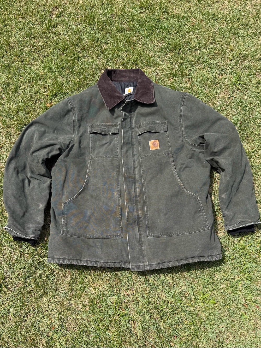 Carhartt Olive Green Duck Canvas Work Jacket with Brown Corduroy Collar